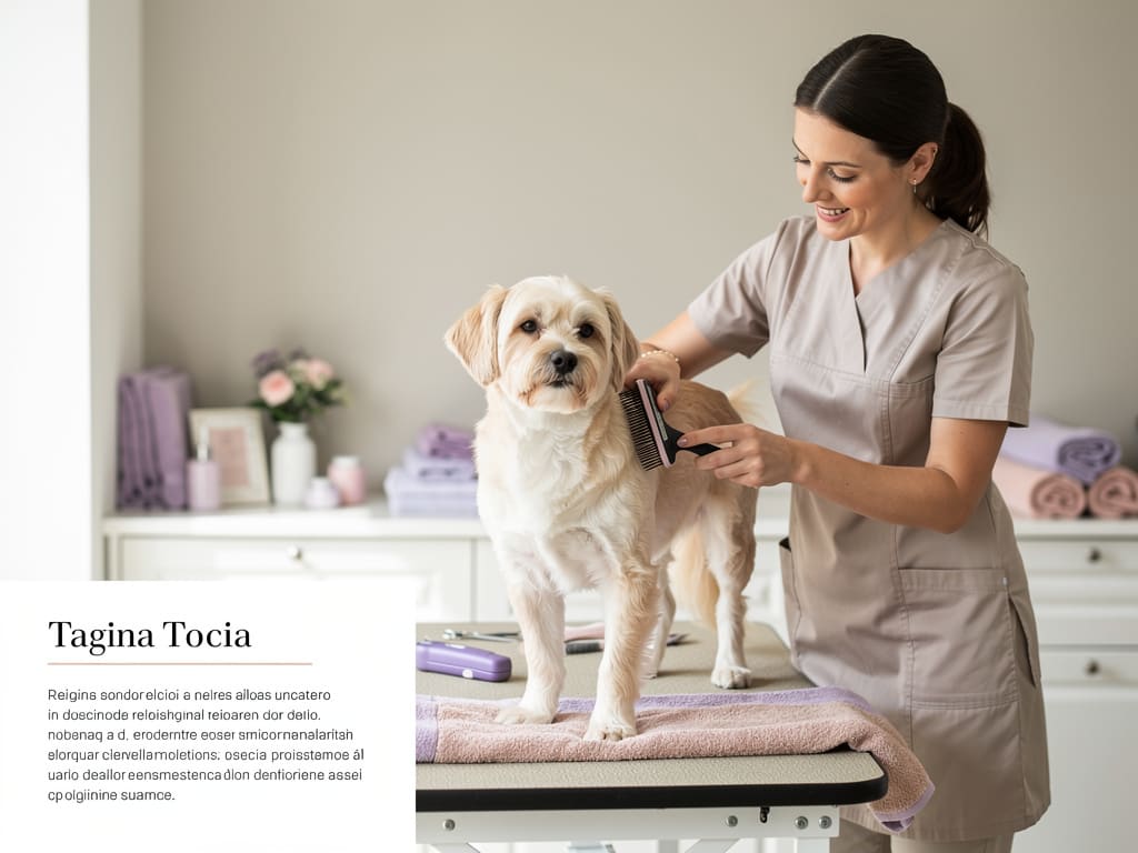 Toelettatore spazzola un cane su un tavolo da toelettatura