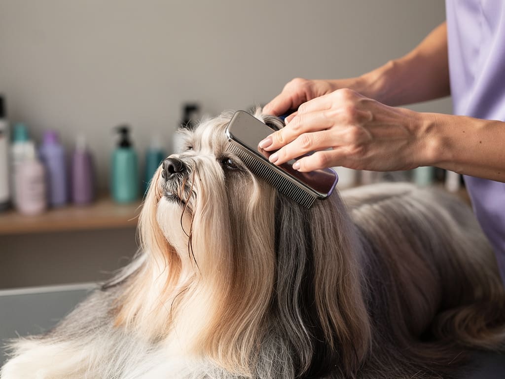 Toelettatore spazzola con cura un cane dal pelo lungo